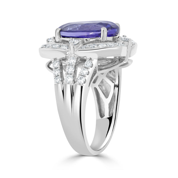 6.40 ct AAAA Oval Tanzanite Ring with 0.85 cttw Diamond in 14K White Gold