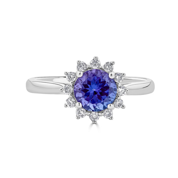 1.20 ct AAAA Round Tanzanite Ring with 0.18 cttw Diamond in 14K White Gold