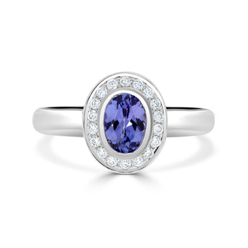 0.77 ct AAAA Oval Tanzanite Ring with 0.15 cttw Diamond in 14K White Gold