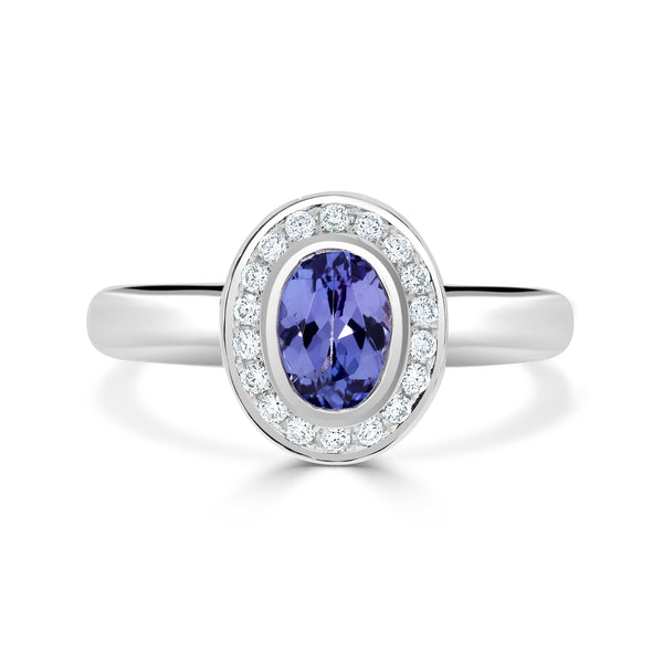 0.77 ct AAAA Oval Tanzanite Ring with 0.15 cttw Diamond in 14K White Gold