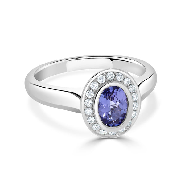 0.77 ct AAAA Oval Tanzanite Ring with 0.15 cttw Diamond in 14K White Gold