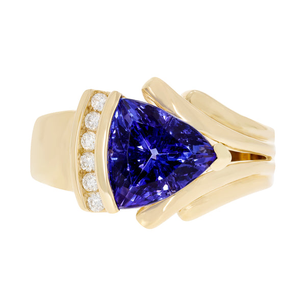 3.16 ct AAAA Trillion Tanzanite Ring with 0.12 cttw Diamond in 14K Yellow Gold