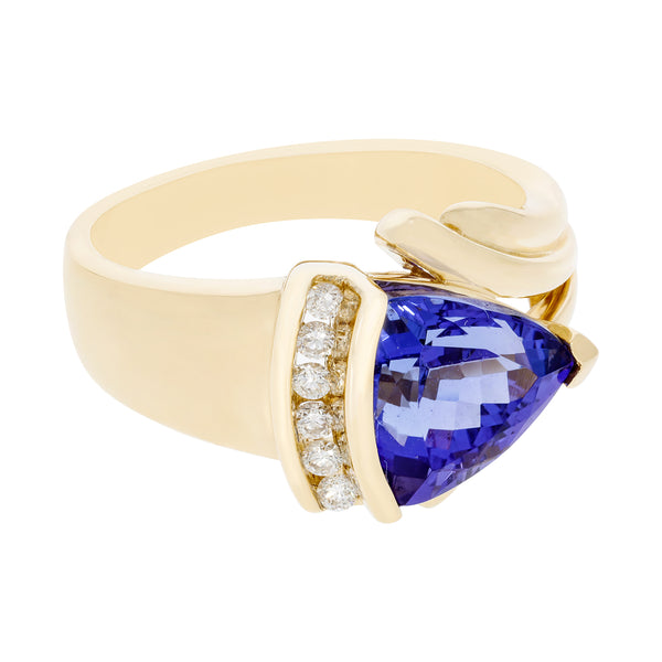 3.16 ct AAAA Trillion Tanzanite Ring with 0.12 cttw Diamond in 14K Yellow Gold