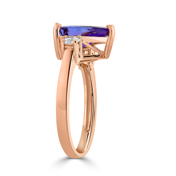 2.14 ct AAAA Pear Tanzanite Ring with 0.3 cttw Diamond in 14K Rose Gold.