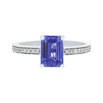 1.87 ct AAAA Emerald Cut Tanzanite Ring with 0.14 cttw Diamond in 14K White Gold