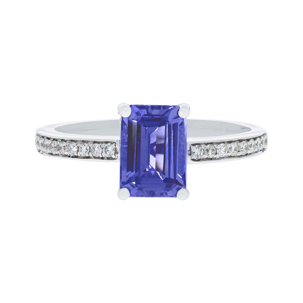 1.87 ct AAAA Emerald Cut Tanzanite Ring with 0.14 cttw Diamond in 14K White Gold