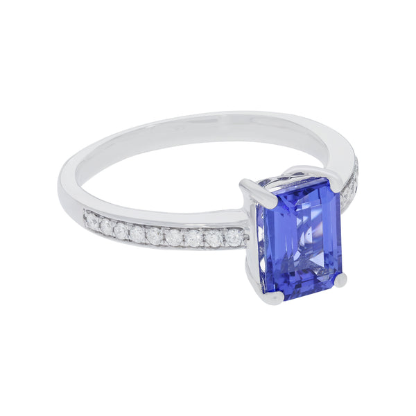 1.87 ct AAAA Emerald Cut Tanzanite Ring with 0.14 cttw Diamond in 14K White Gold