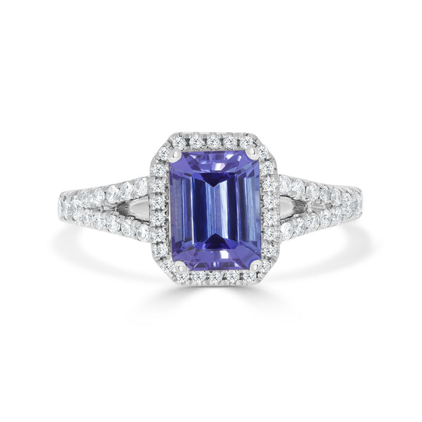 1.70 ct AAAA Princess Tanzanite Ring with 0.41 cttw Diamond in 14K White Gold