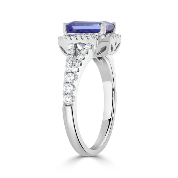 1.70 ct AAAA Princess Tanzanite Ring with 0.41 cttw Diamond in 14K White Gold