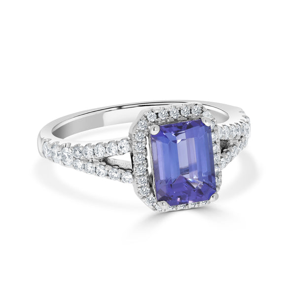 1.70 ct AAAA Princess Tanzanite Ring with 0.41 cttw Diamond in 14K White Gold