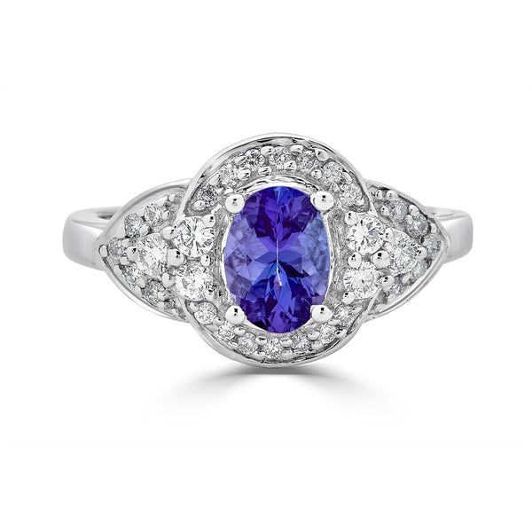 1.11 ct AAAA Oval Tanzanite Ring with 0.35 cttw Diamond in 14K White Gold