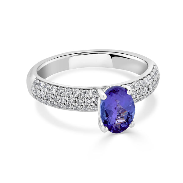 1.13 ct AAAA Oval Tanzanite Ring with 0.5 cttw Diamond in 14K White Gold