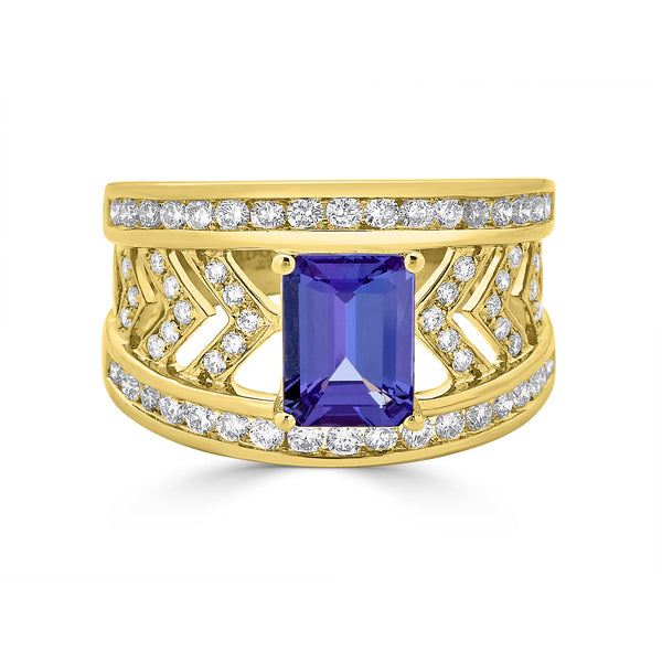 1.52 ct AAAA Emerald Cut Tanzanite Ring with 0.75 cttw Diamond in 14K Yellow Gold