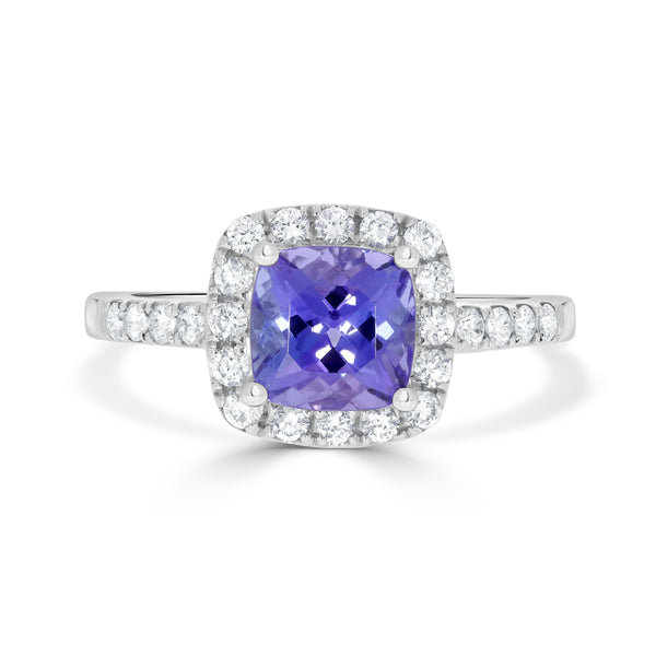 1.40 ct AAAA Cushion Tanzanite Ring with 0.36 cttw Diamond in 14K White Gold