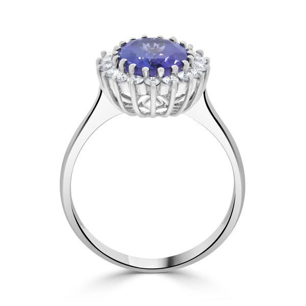 2.69 ct AAAA Oval Tanzanite Ring with 0.37 cttw Diamond in 18K White Gold