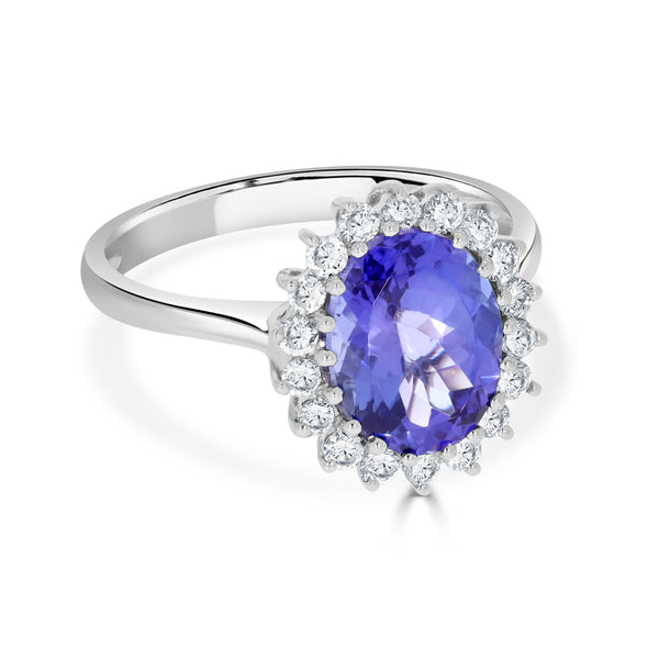 2.69 ct AAAA Oval Tanzanite Ring with 0.37 cttw Diamond in 18K White Gold