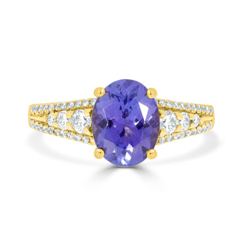 1.75 ct AAAA Oval Tanzanite Ring with 0.38 cttw Diamond in 14K Yellow Gold