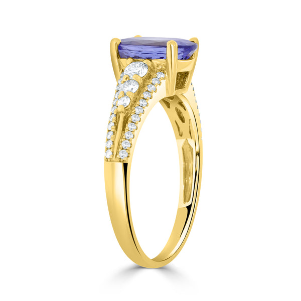 1.75 ct AAAA Oval Tanzanite Ring with 0.38 cttw Diamond in 14K Yellow Gold