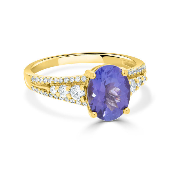 1.75 ct AAAA Oval Tanzanite Ring with 0.38 cttw Diamond in 14K Yellow Gold