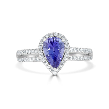1.46 ct AAAA Pear Tanzanite Ring with 0.37 cttw Diamond in 14K White Gold