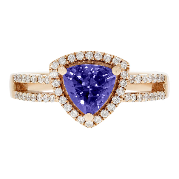 1.07 ct AAAA Trillion Tanzanite Ring with 0.28 cttw Diamond in 14K Rose Gold