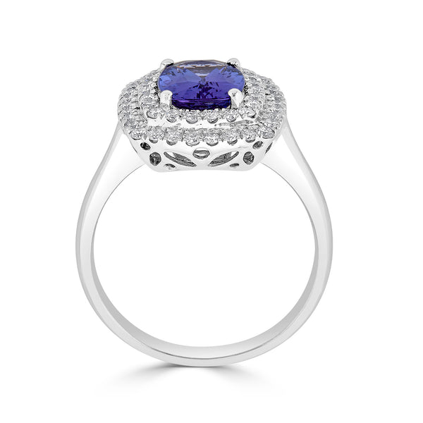 1.82 ct AAAA Cushion Tanzanite Ring with 0.51 cttw Diamond in 14K White Gold