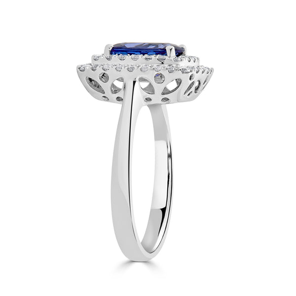 1.82 ct AAAA Cushion Tanzanite Ring with 0.51 cttw Diamond in 14K White Gold