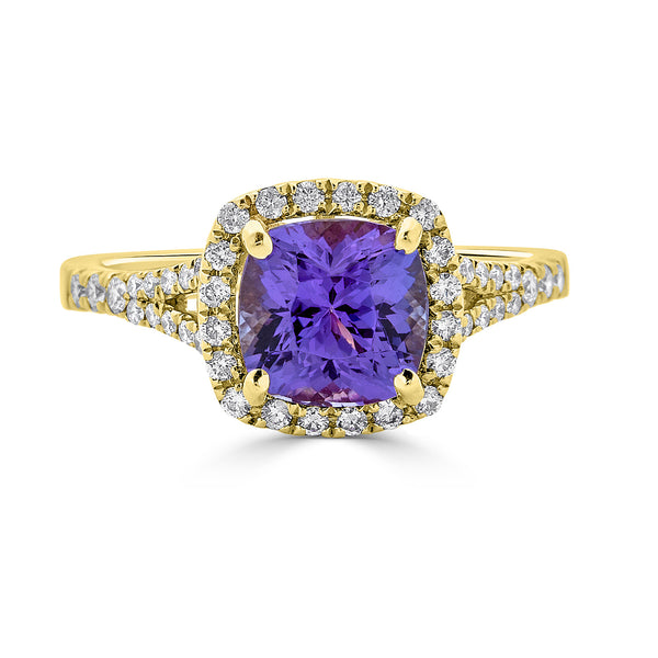 2.08 ct AAAA Cushion Tanzanite Ring with 0.33 cttw Diamond in 14K Yellow Gold