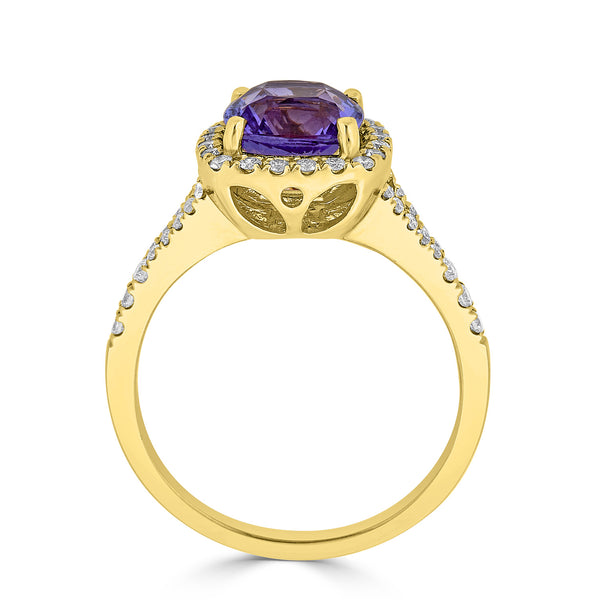 2.08 ct AAAA Cushion Tanzanite Ring with 0.33 cttw Diamond in 14K Yellow Gold