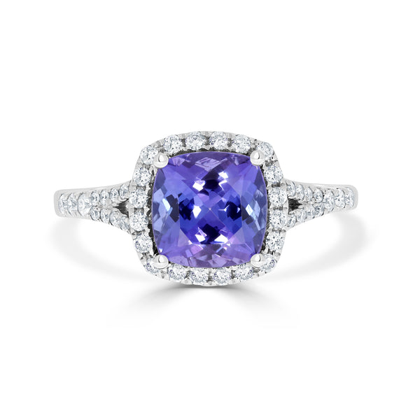 2.24 ct AAAA Cushion Tanzanite Ring with 0.32 cttw Diamond in 14K White Gold