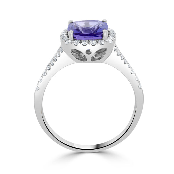 2.24 ct AAAA Cushion Tanzanite Ring with 0.32 cttw Diamond in 14K White Gold