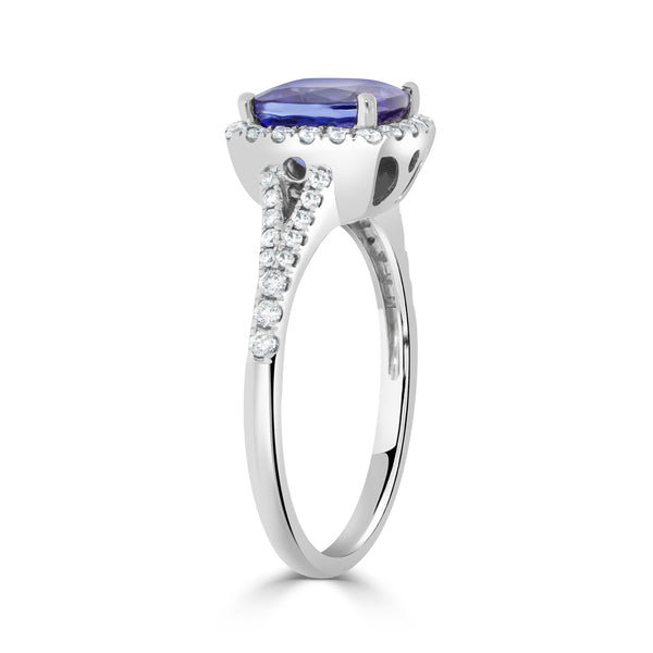 2.24 ct AAAA Cushion Tanzanite Ring with 0.32 cttw Diamond in 14K White Gold