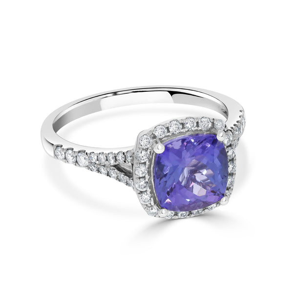 2.24 ct AAAA Cushion Tanzanite Ring with 0.32 cttw Diamond in 14K White Gold