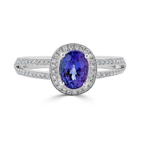 1.24 ct AAAA Oval Tanzanite Ring with 0.37 cttw Diamond in 14K White Gold
