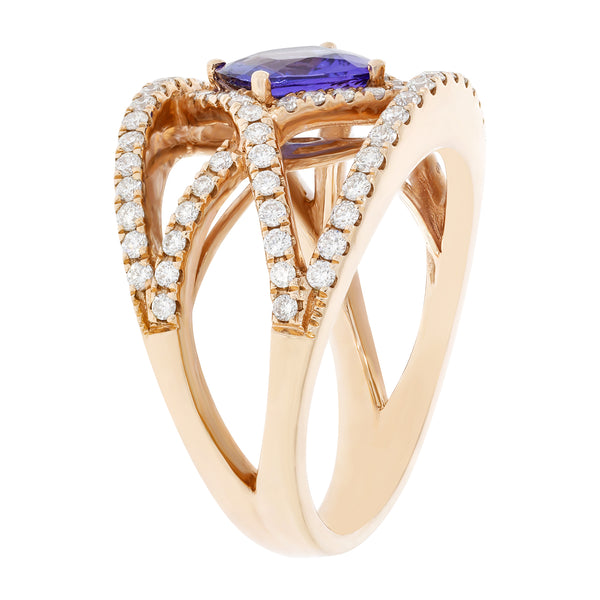 1.29 ct AAAA Cushion Tanzanite Ring with 0.75 cttw Diamond in 14K Rose Gold