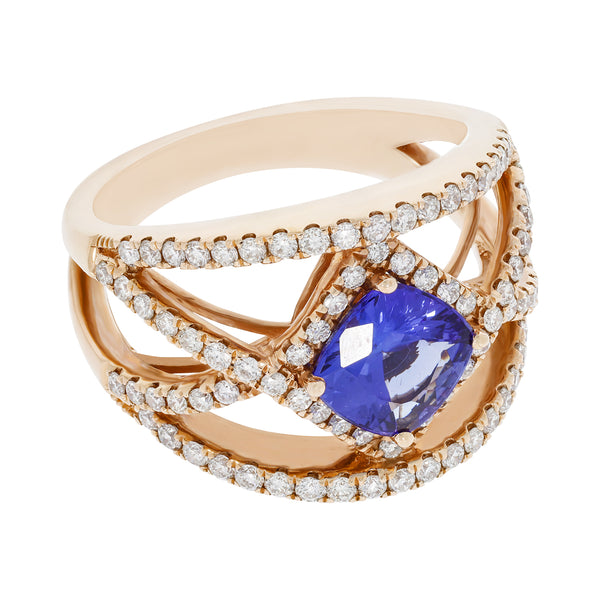 1.29 ct AAAA Cushion Tanzanite Ring with 0.75 cttw Diamond in 14K Rose Gold