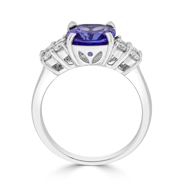 2.73 ct AAAA Cushion Tanzanite Ring with 0.42 cttw Diamond in 14K White Gold