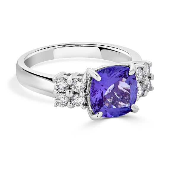 2.73 ct AAAA Cushion Tanzanite Ring with 0.42 cttw Diamond in 14K White Gold