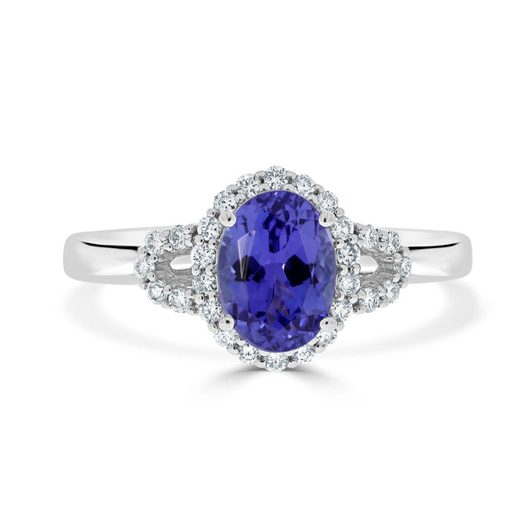 1.31 ct AAAA Oval Tanzanite Ring with 0.22 cttw Diamond in 14K White Gold