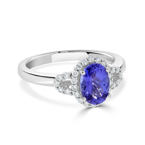 1.31 ct AAAA Oval Tanzanite Ring with 0.22 cttw Diamond in 14K White Gold