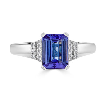 1.70 ct AAAA Emerald Cut Tanzanite Ring with 0.08 cttw Diamond in 14K White Gold