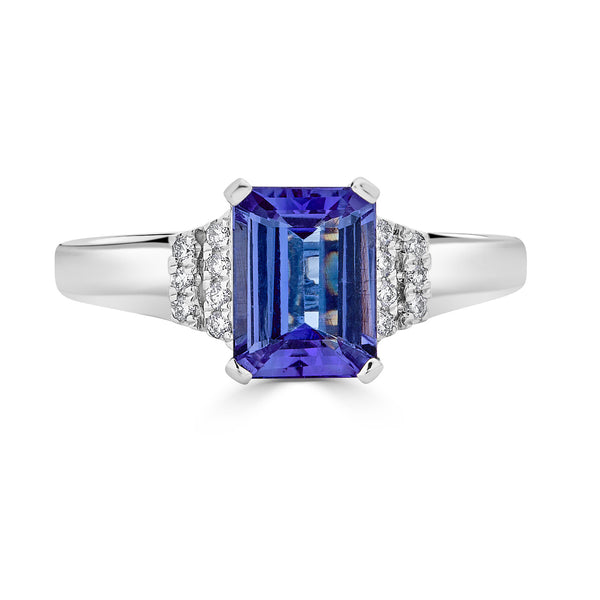 1.70 ct AAAA Emerald Cut Tanzanite Ring with 0.08 cttw Diamond in 14K White Gold