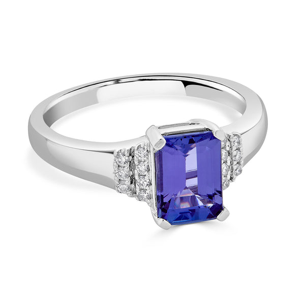 1.52 ct AAAA Emerald Cut Tanzanite Ring with 0.08 cttw Diamond in 14K White Gold