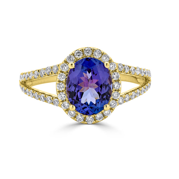 1.99 ct AAAA Oval Tanzanite Ring with 0.52 cttw Diamond in 14K YG