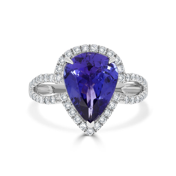 3.92 ct AAAA  Pear Tanzanite Ring with 0.49 cttw Diamond in 14K White Gold