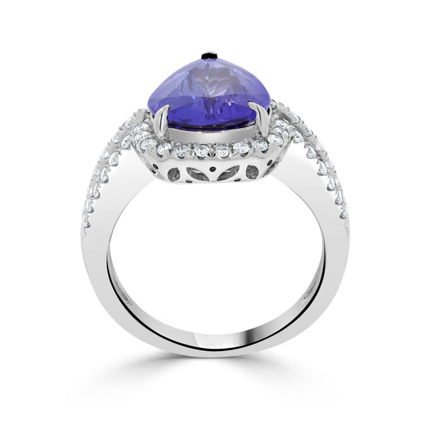 3.92 ct AAAA  Pear Tanzanite Ring with 0.49 cttw Diamond in 14K White Gold