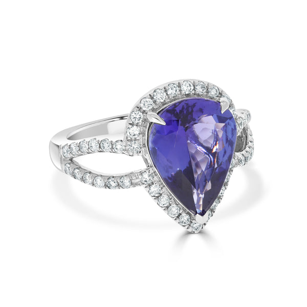 3.92 ct AAAA  Pear Tanzanite Ring with 0.49 cttw Diamond in 14K White Gold