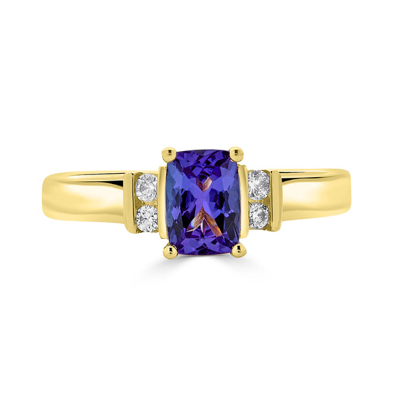 0.99 ct AAAA Cushion Tanzanite Ring with 0.1 cttw Diamond in 14K Yellow Gold