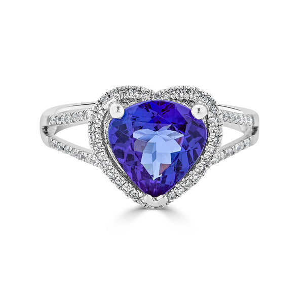 2.24 ct AAAA Heart Tanzanite Ring with 0.2 cttw Diamond in 14K White Gold