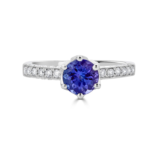 1.26 ct AAAA Round Tanzanite Ring with 0.67 cttw Diamond in 14K White Gold